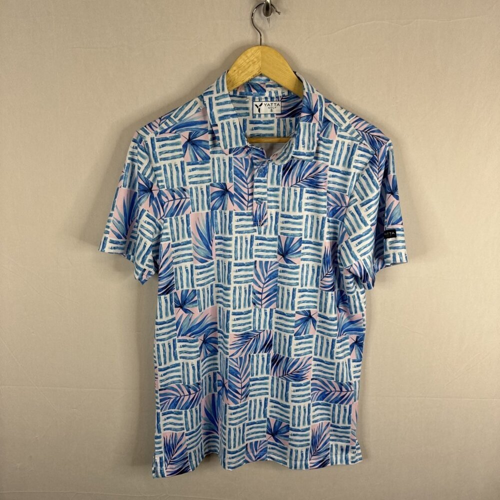 Yatta Golf Men’s Golf Polo Shirt‎ Blue White Floral Lightweight Stretch Small